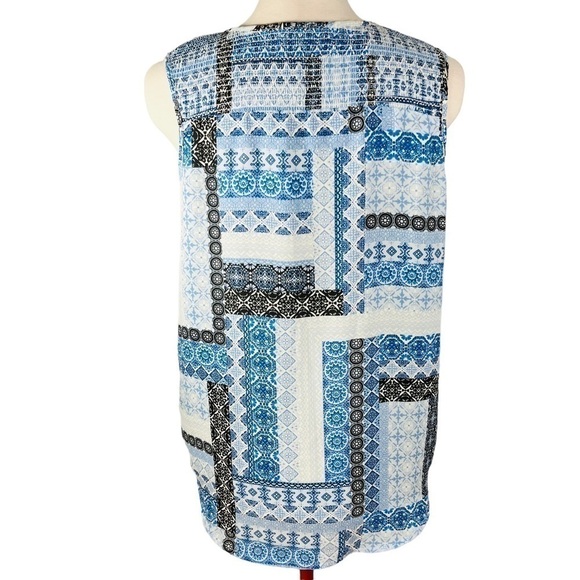 Suzy Shier Blue Geometric Zellige Print Boho Sleeveless Top with Shirring Size M - Picture 4 of 12